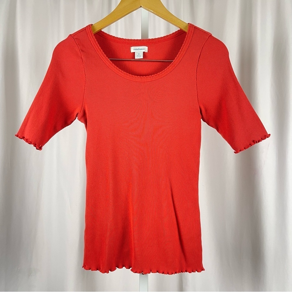 Sundance Uber Medium Fitted Ribbed Short Sleeve Tee Lettuce Hem Y2K Retro